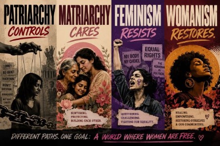 Patriarchy controls, Matriarchy cares, Feminism resists, Womanism restores.