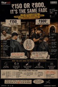 ₹150 Or ₹800, It's The Same Fade The haircut is identical. You're paying for the mirror, the music, and permission to sitthere.