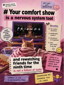 Your comfort show is a nervous system tool and rewatching Friends for the ninth time is not a failure of taste